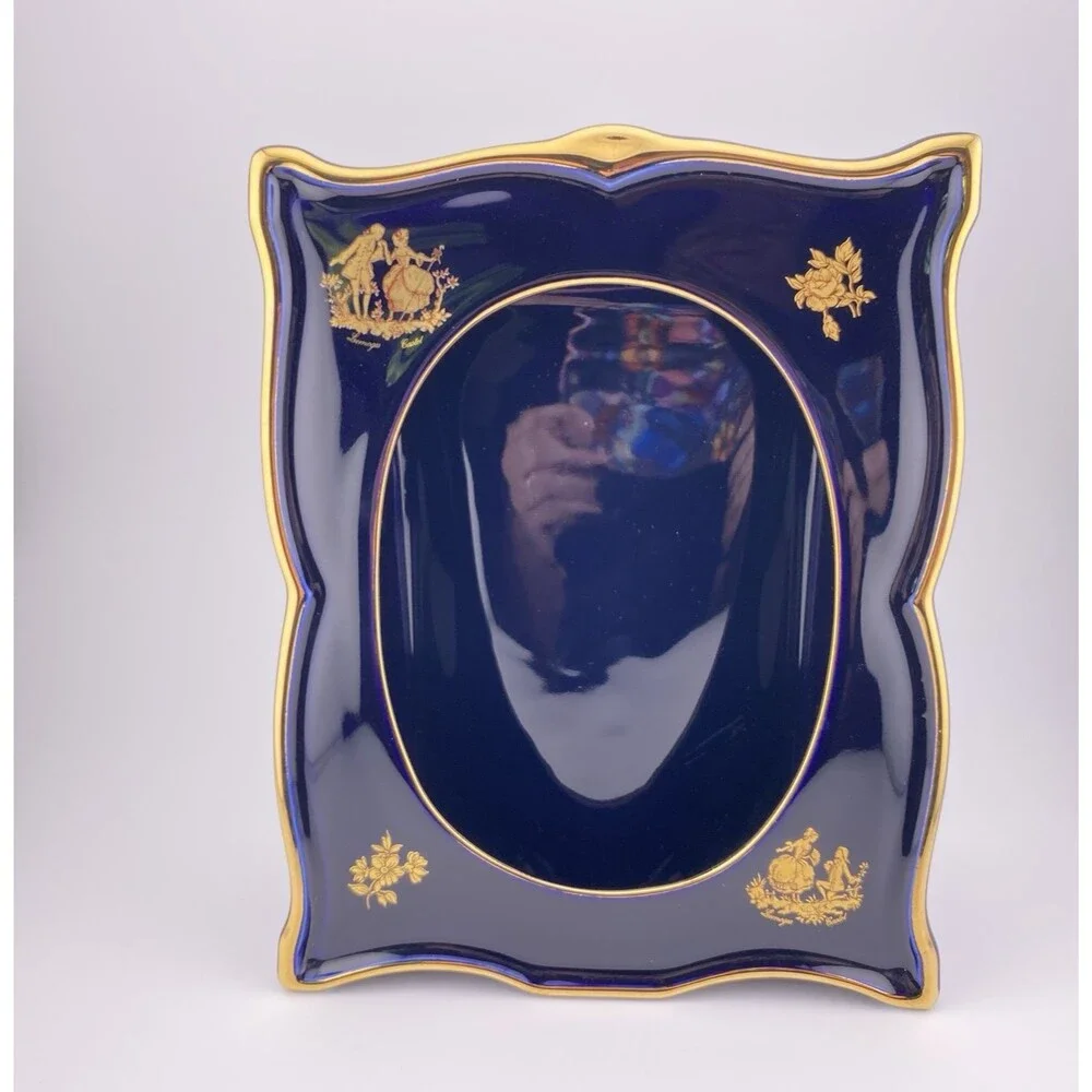 Vintage Limoges Castel Cobalt Blue & 22k Gold Oval Opening Frame